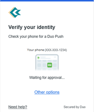 Verify your identity. Check your phone for a Duo Push. Waiting for approval with Other Options as an option.