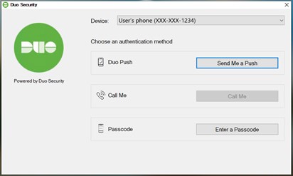 Duo Security Windows App. Shows default device, option to "Send me a Push" and "Enter a Passcode"