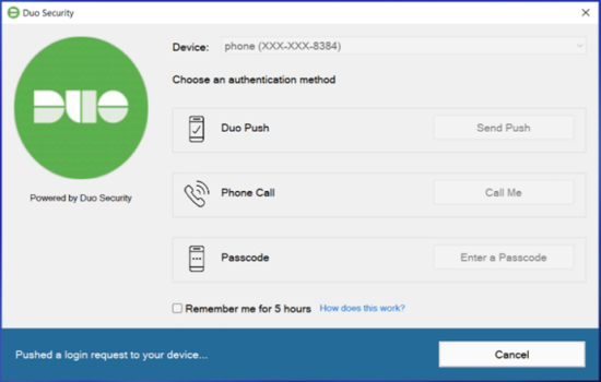 Duo Security Windows App. Shows the different authentication methods with a bar stating "pushed a login request to your device..." Option to cancel.