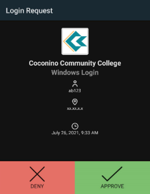 Android Duo app shown with the login attempt. Username, IP address, date shown. Two options Deny or Approve. 