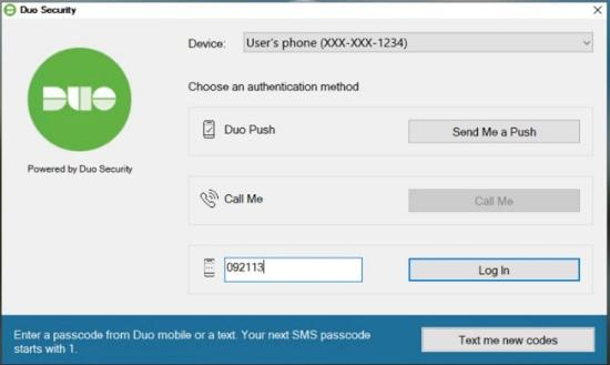 Duo Security Windows App. Shows the different authentication methods. Bar at the bottom: "Enter a password from Duo mobile or a text. Your next SMS passcode starts with 1" Option for "Text me new codes" 
