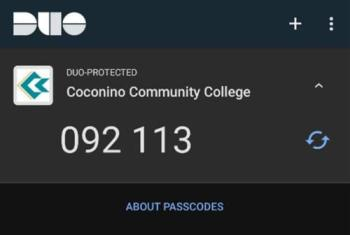 Android Duo app shown with a generated code. Option to refresh code and an "about passcodes" link.