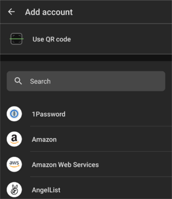 Duo Mobile App "Add Account" screen with the button to "Use QR Code". Additional preloaded accounts are shown including 1password and Amazon.