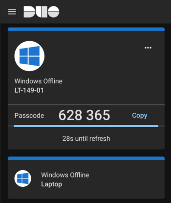 Duo Account page with the new account added from the QR code. A countdown is shown for when the code expires. 