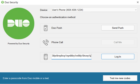 Duo Security Windows App. Enter a Password from Duo mobile or a text with the "Insert Code" field automatically filled from the USB Hardware Key.
