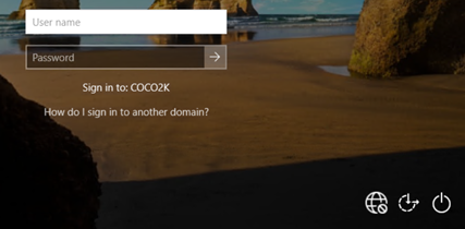 Windows login screen with the login boxes shown and in the bottom right the network icon indicating no internet connection.