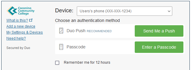 Webmail Duo Prompt with Device selection. Duo Push and Passcode are available for the example user. 