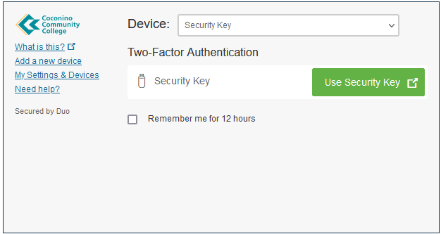 Webmail Duo Prompt Security Key "Use Security Key" option available
