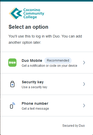 Select an Option - You'll use this to log in with Duo. You can add another option later. Options include Duo Mobile, Security, Key, and Phone Number
