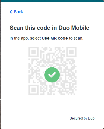 Scan this code in Duo Mobile with the QR Code being checked indicating it has been successfully scanned.