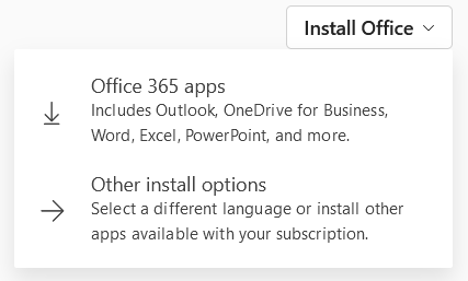 Office 365 "Install Office" pop-up window. Including two options: Office 365 Apps for standard apps, and "Other Install Options" for more advanced settings.