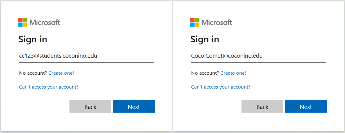 Office 365 Login window with two examples given for Students (CometID@students.coconino.edu) and Employees (Name@coconino.edu).